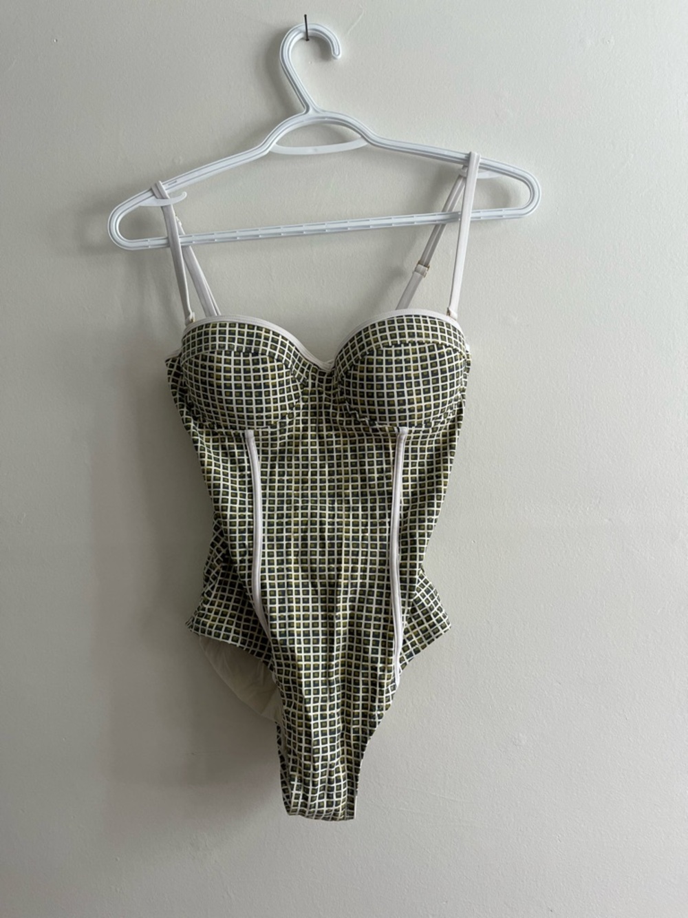 Tory Burch Olive Grid Bandeau One-Piece with White Trim